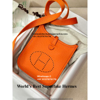 Hermes Evelyne Super Fake Bag Fully Hand Stitched Mini| Lushentic Grade Counter Quality | 9J Feu Orange Genuine Leather