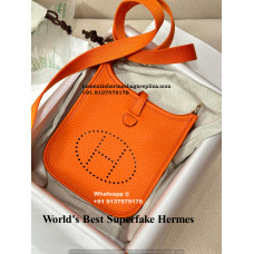Hermes Evelyne Super Fake Bag Fully Hand Stitched Mini| Lushentic Grade Counter Quality | 9J Feu Orange Genuine Leather